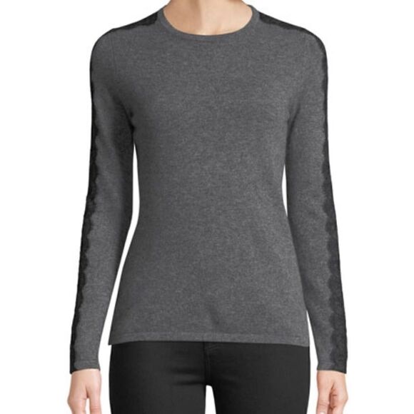 Neiman Marcus the cashmere collection gray with black lace trim sweater M - Picture 1 of 15